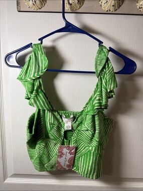 Green & White Ruffle Strap Crop Top